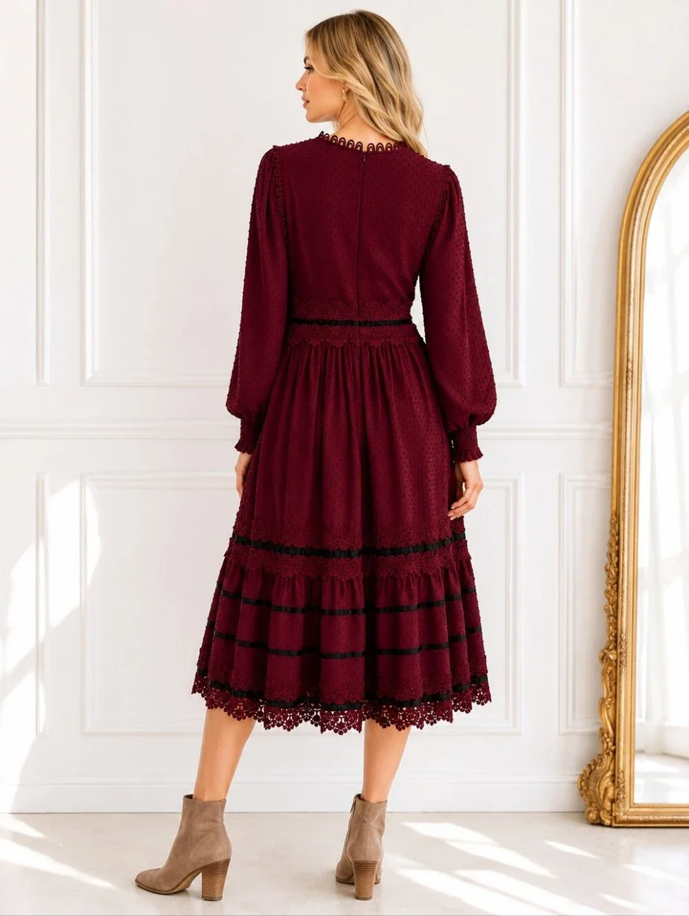 Just Me Burgundy Swiss Dot Lace Midi Dress Size Medium Long Sleeve Romantic - Picture 2 of 8